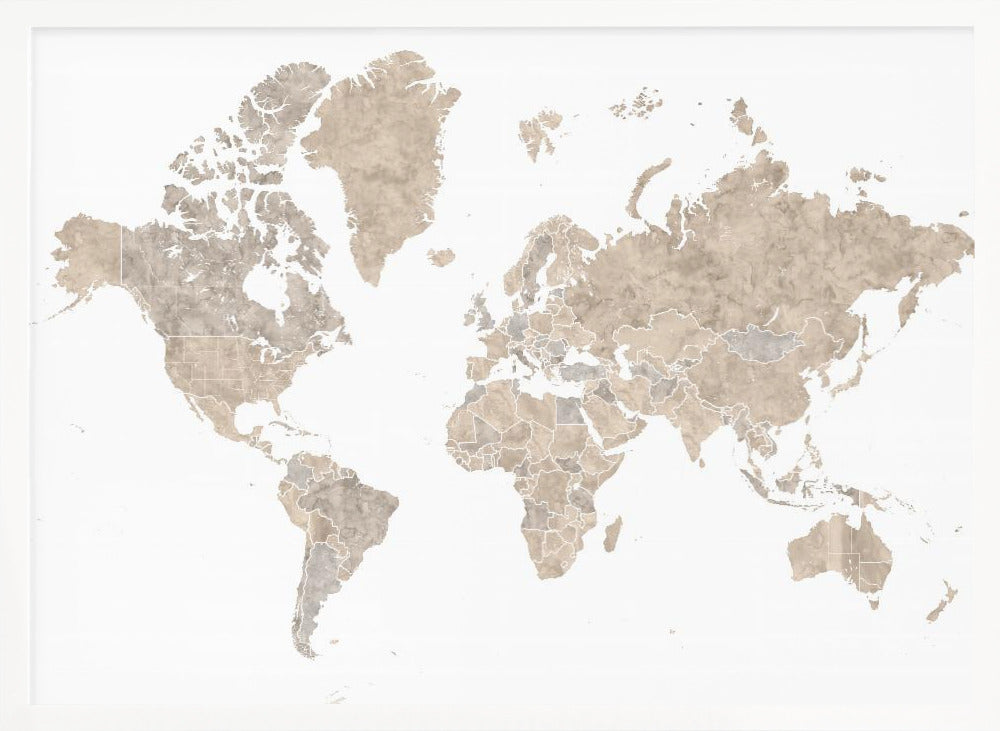 A detailed world map poster, 'Abey världskarta', depicting continents, oceans, and country borders. Artwork