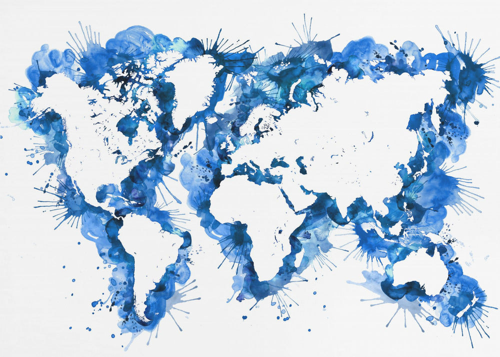 An abstract watercolor world map in a silver frame. The continents are depicted in white negative space, while the oceans are represented by vibrant blue splashes, splatters, and drips of paint on a white background. Artwork