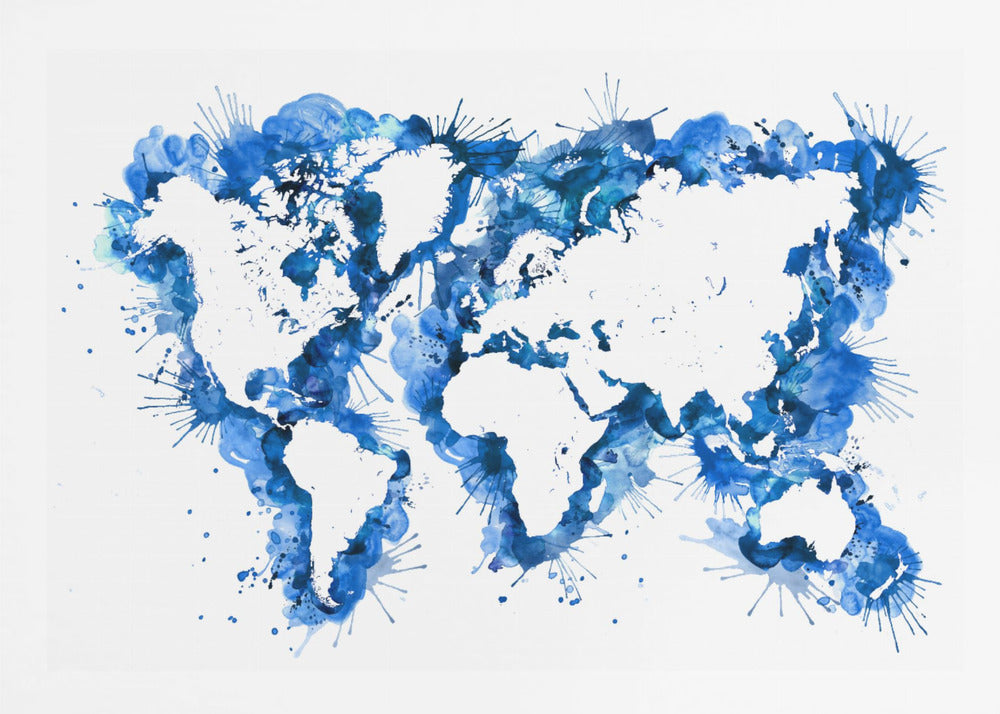 An abstract watercolor world map in a silver frame. The continents are depicted in white negative space, while the oceans are represented by vibrant blue splashes, splatters, and drips of paint on a white background. Artwork