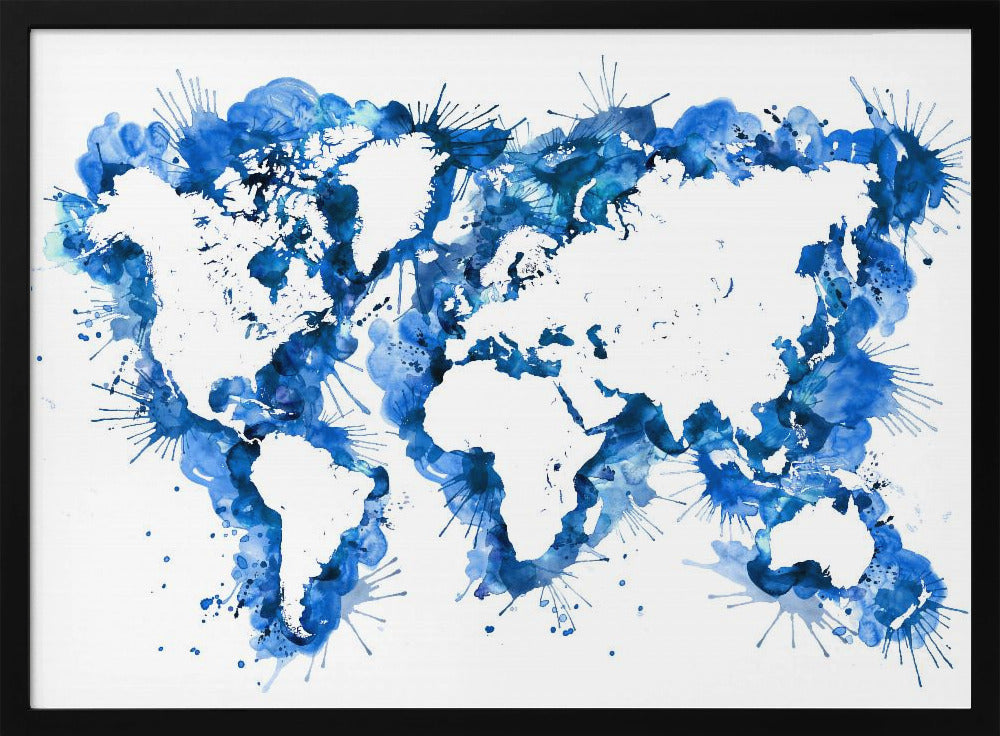 An abstract watercolor world map in a silver frame. The continents are depicted in white negative space, while the oceans are represented by vibrant blue splashes, splatters, and drips of paint on a white background. Artwork