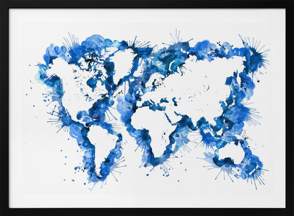 An abstract watercolor world map in a silver frame. The continents are depicted in white negative space, while the oceans are represented by vibrant blue splashes, splatters, and drips of paint on a white background. Artwork