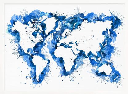 An abstract watercolor world map in a silver frame. The continents are depicted in white negative space, while the oceans are represented by vibrant blue splashes, splatters, and drips of paint on a white background. Artwork
