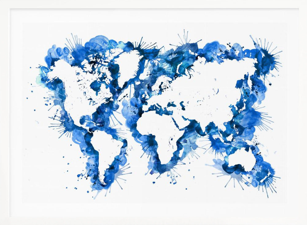 An abstract watercolor world map in a silver frame. The continents are depicted in white negative space, while the oceans are represented by vibrant blue splashes, splatters, and drips of paint on a white background. Artwork