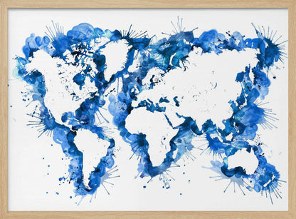 An abstract watercolor world map in a silver frame. The continents are depicted in white negative space, while the oceans are represented by vibrant blue splashes, splatters, and drips of paint on a white background. Artwork