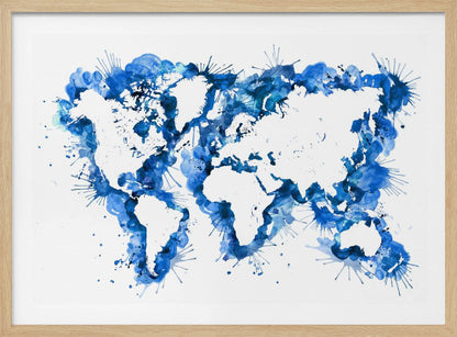 An abstract watercolor world map in a silver frame. The continents are depicted in white negative space, while the oceans are represented by vibrant blue splashes, splatters, and drips of paint on a white background. Artwork