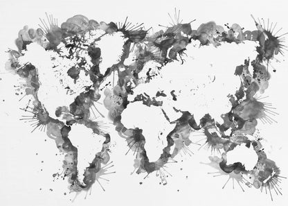 An abstract black and white world map created with ink splatters and watercolor washes on a white background, enclosed in a silver frame. The continents are formed by the negative space, outlined by the dynamic splatters of black and grey ink. Print