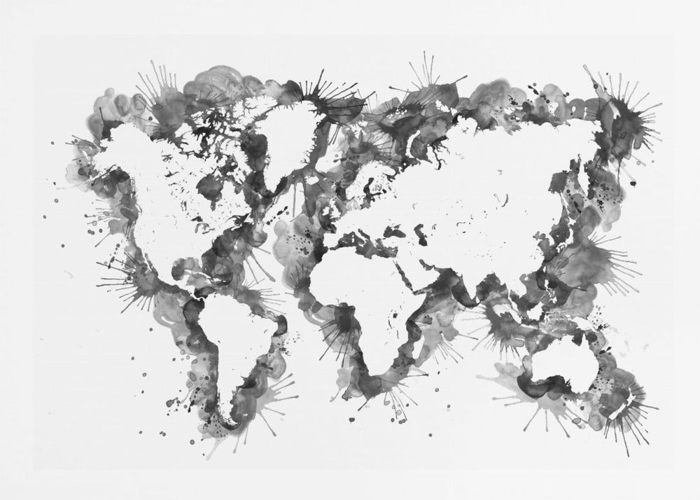 An abstract black and white world map created with ink splatters and watercolor washes on a white background, enclosed in a silver frame. The continents are formed by the negative space, outlined by the dynamic splatters of black and grey ink. Print