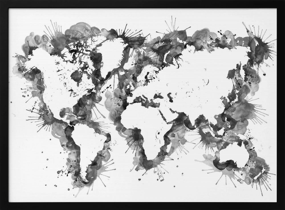 An abstract black and white world map created with ink splatters and watercolor washes on a white background, enclosed in a silver frame. The continents are formed by the negative space, outlined by the dynamic splatters of black and grey ink. Print
