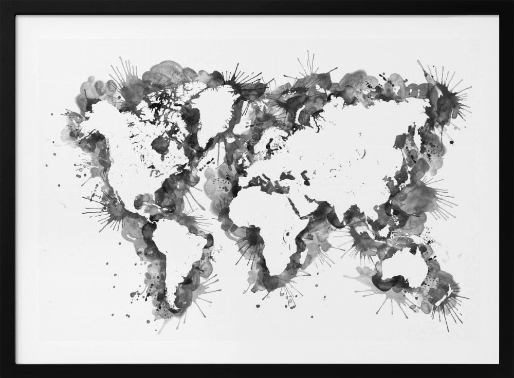 An abstract black and white world map created with ink splatters and watercolor washes on a white background, enclosed in a silver frame. The continents are formed by the negative space, outlined by the dynamic splatters of black and grey ink. Print