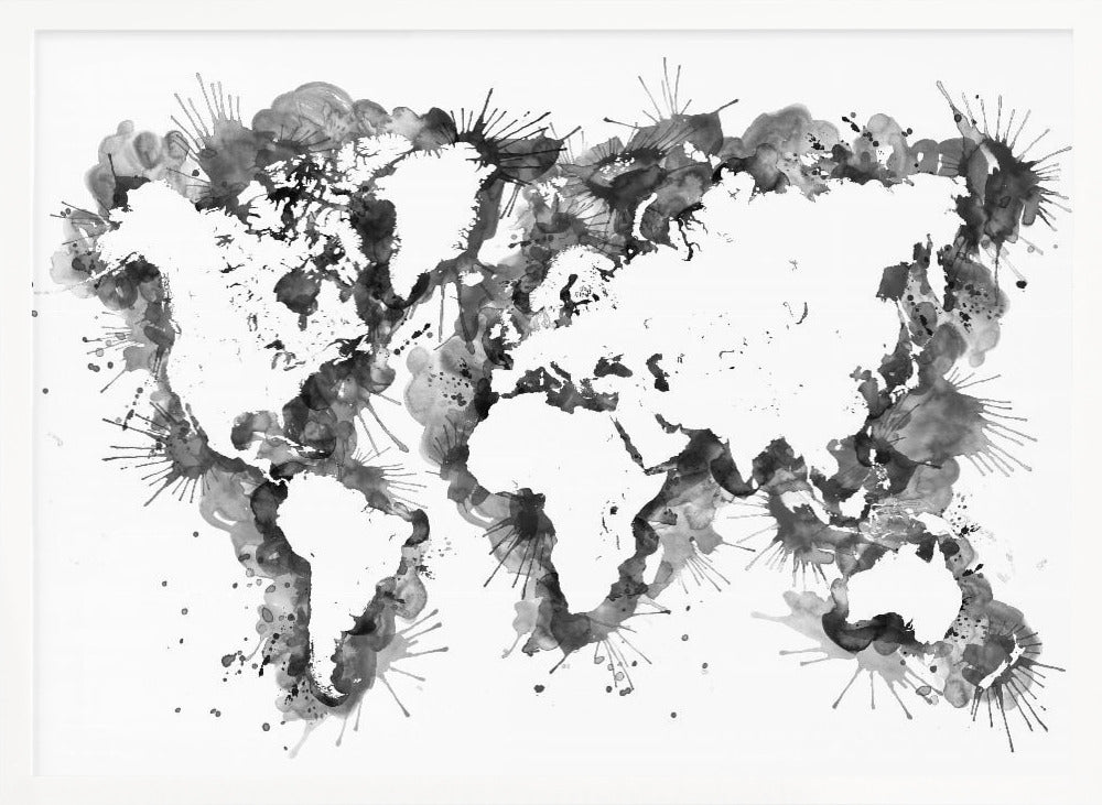 An abstract black and white world map created with ink splatters and watercolor washes on a white background, enclosed in a silver frame. The continents are formed by the negative space, outlined by the dynamic splatters of black and grey ink. Print