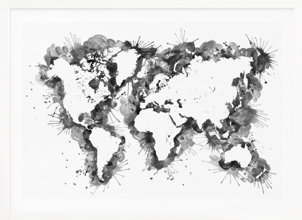 An abstract black and white world map created with ink splatters and watercolor washes on a white background, enclosed in a silver frame. The continents are formed by the negative space, outlined by the dynamic splatters of black and grey ink. Print