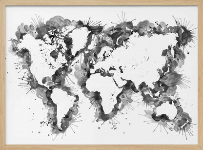 An abstract black and white world map created with ink splatters and watercolor washes on a white background, enclosed in a silver frame. The continents are formed by the negative space, outlined by the dynamic splatters of black and grey ink. Print