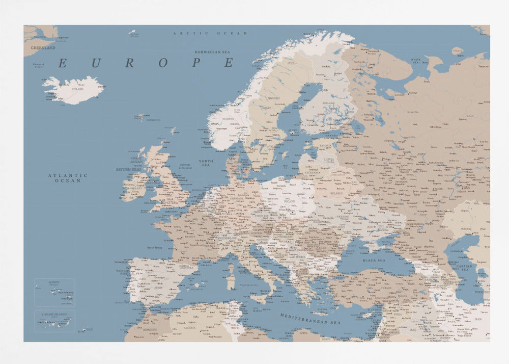 A detailed, framed map of Europe with a muted color palette. The oceans and seas are a soft blue, while the countries are various shades of beige and tan. Text labels for countries, cities, and bodies of water are clearly visible across the map. The map is housed in a simple silver-gray frame. Poster