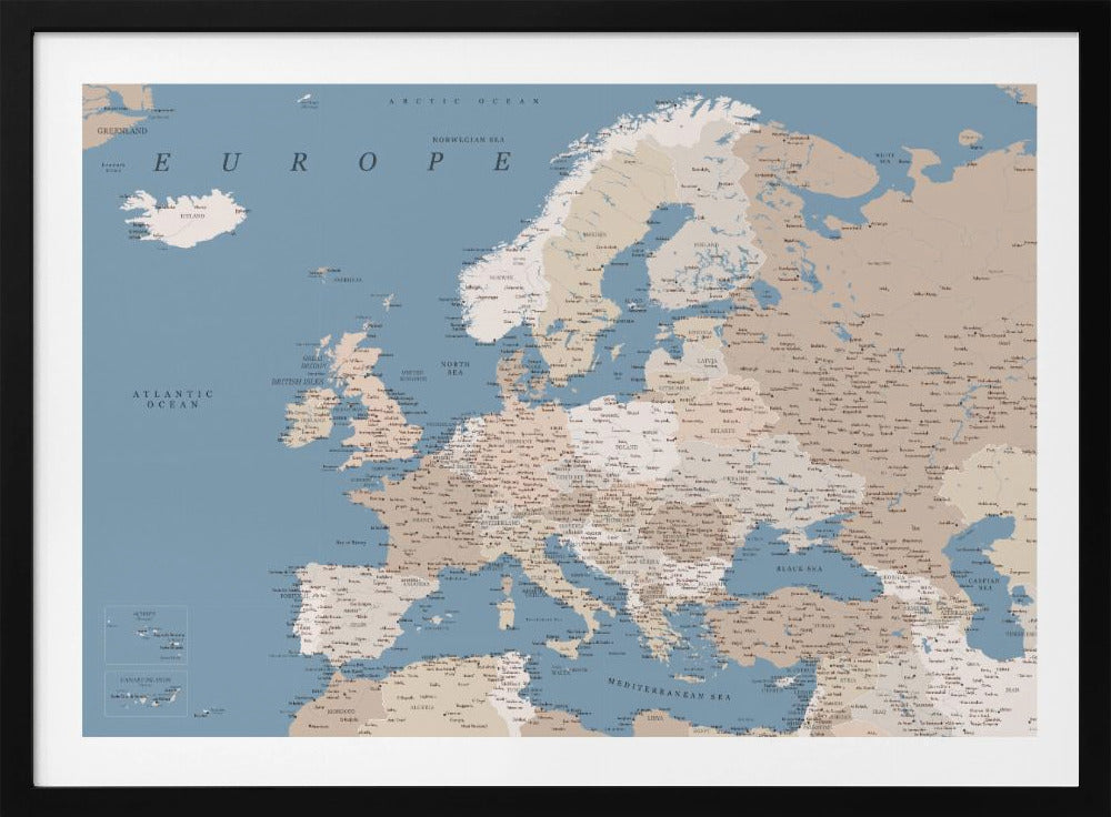 A detailed, framed map of Europe with a muted color palette. The oceans and seas are a soft blue, while the countries are various shades of beige and tan. Text labels for countries, cities, and bodies of water are clearly visible across the map. The map is housed in a simple silver-gray frame. Poster