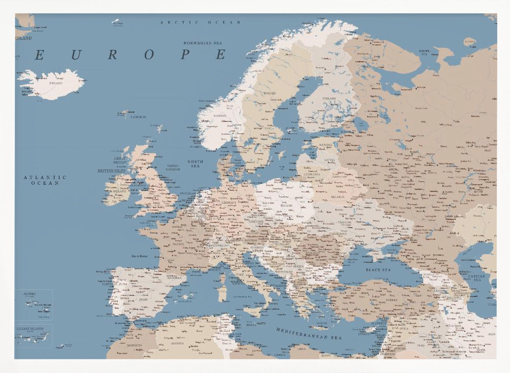 A detailed, framed map of Europe with a muted color palette. The oceans and seas are a soft blue, while the countries are various shades of beige and tan. Text labels for countries, cities, and bodies of water are clearly visible across the map. The map is housed in a simple silver-gray frame. Poster