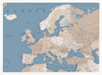 A detailed, framed map of Europe with a muted color palette. The oceans and seas are a soft blue, while the countries are various shades of beige and tan. Text labels for countries, cities, and bodies of water are clearly visible across the map. The map is housed in a simple silver-gray frame. Poster