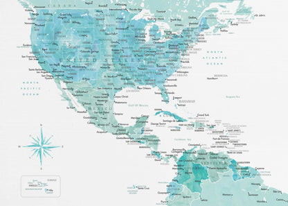 A decorative map of North, Central, and South America in a grey frame. The map has a watercolor texture in shades of blue and teal on a white background, with countries and major cities labeled in a dark font. Print