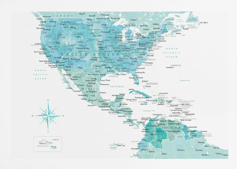 A decorative map of North, Central, and South America in a grey frame. The map has a watercolor texture in shades of blue and teal on a white background, with countries and major cities labeled in a dark font. Print