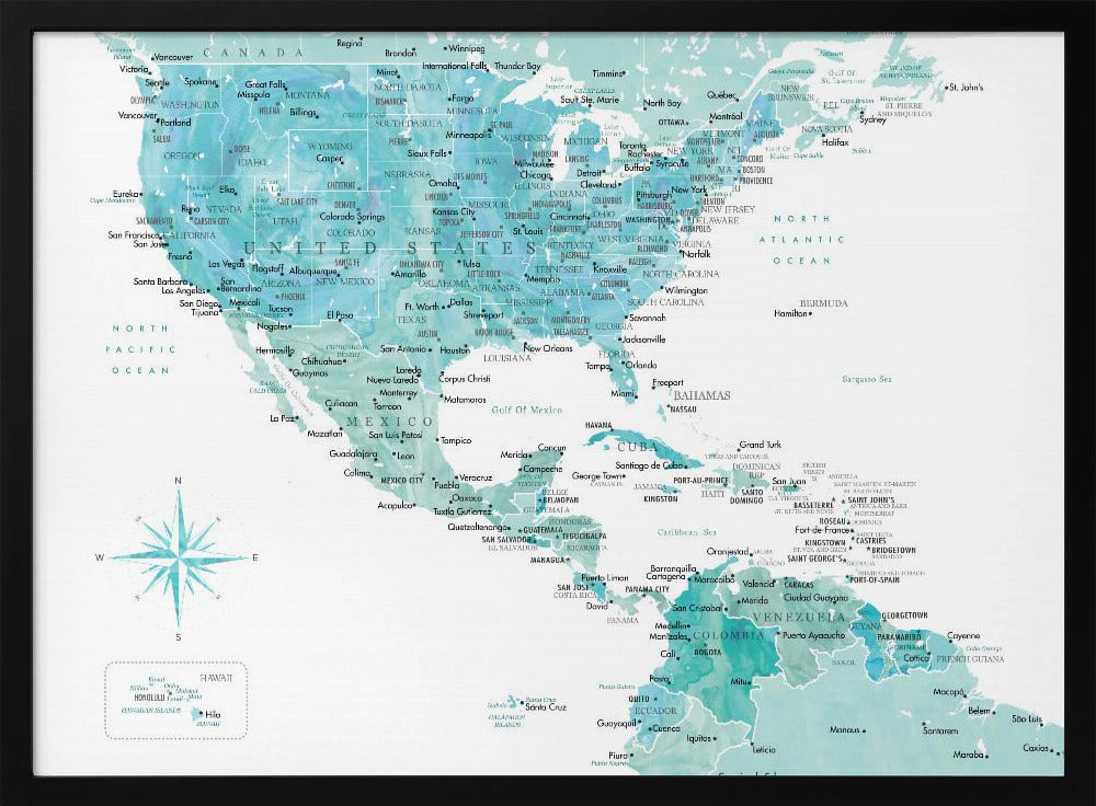 A decorative map of North, Central, and South America in a grey frame. The map has a watercolor texture in shades of blue and teal on a white background, with countries and major cities labeled in a dark font. Print