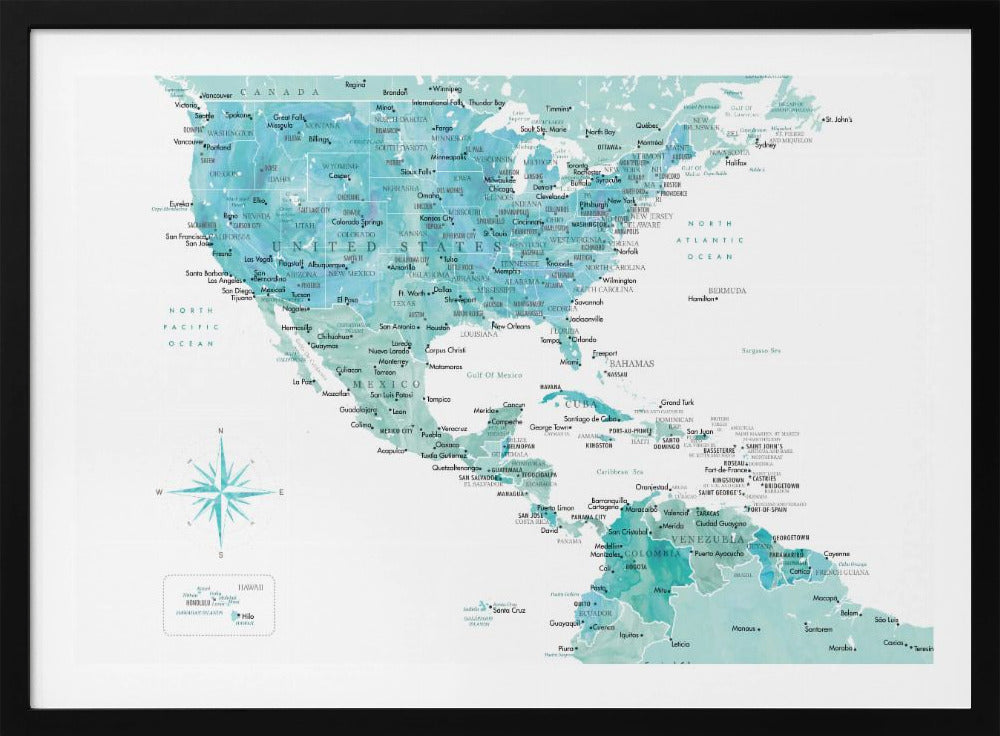 A decorative map of North, Central, and South America in a grey frame. The map has a watercolor texture in shades of blue and teal on a white background, with countries and major cities labeled in a dark font. Print