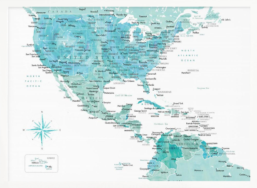 A decorative map of North, Central, and South America in a grey frame. The map has a watercolor texture in shades of blue and teal on a white background, with countries and major cities labeled in a dark font. Print