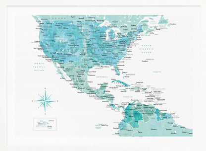 A decorative map of North, Central, and South America in a grey frame. The map has a watercolor texture in shades of blue and teal on a white background, with countries and major cities labeled in a dark font. Print