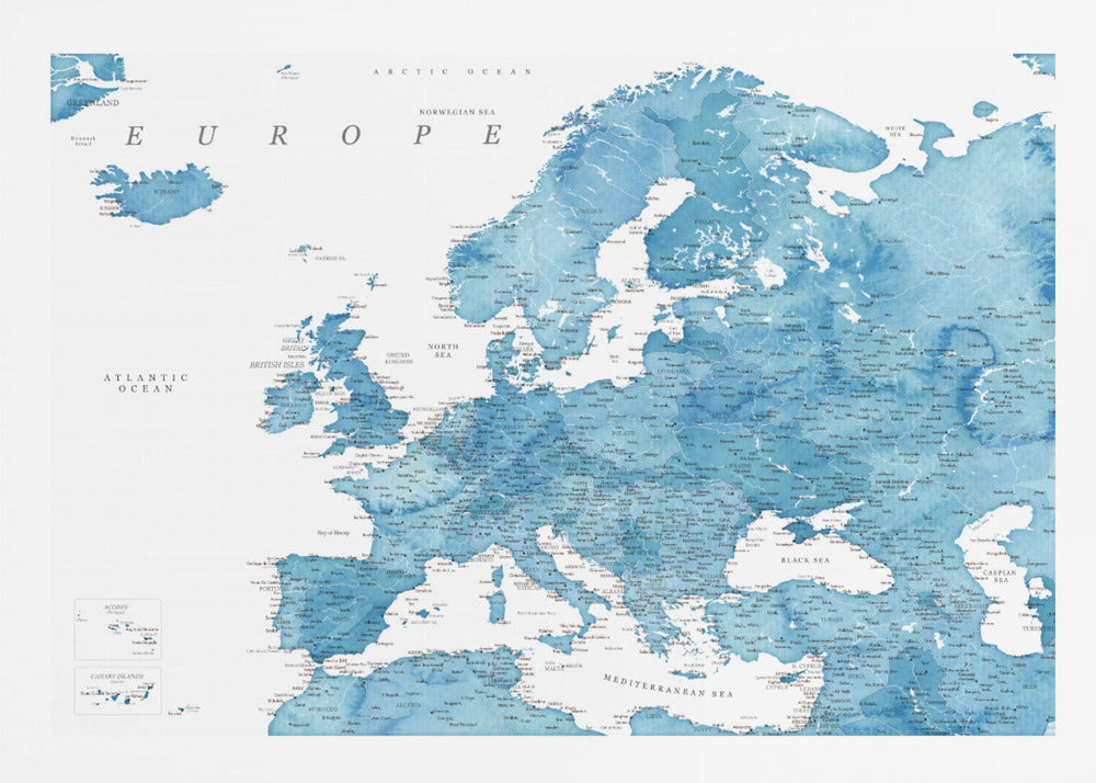 A framed map of Europe with a blue watercolor texture. The land is depicted in various shades of blue, while the oceans are white. Countries, cities, and bodies of water are labeled in black text. The map is housed in a simple, light gray frame. Poster