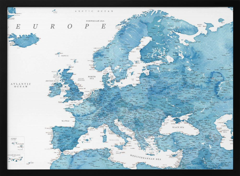 A framed map of Europe with a blue watercolor texture. The land is depicted in various shades of blue, while the oceans are white. Countries, cities, and bodies of water are labeled in black text. The map is housed in a simple, light gray frame. Poster