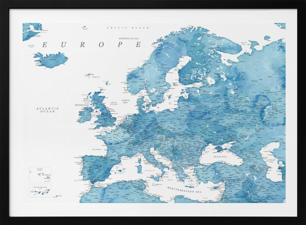 A framed map of Europe with a blue watercolor texture. The land is depicted in various shades of blue, while the oceans are white. Countries, cities, and bodies of water are labeled in black text. The map is housed in a simple, light gray frame. Poster