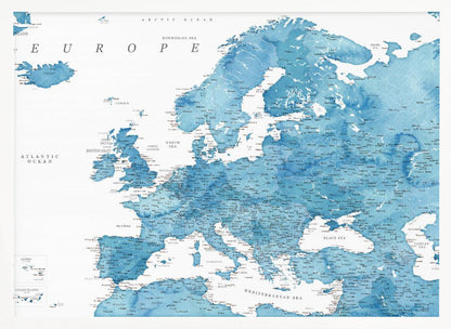 A framed map of Europe with a blue watercolor texture. The land is depicted in various shades of blue, while the oceans are white. Countries, cities, and bodies of water are labeled in black text. The map is housed in a simple, light gray frame. Poster