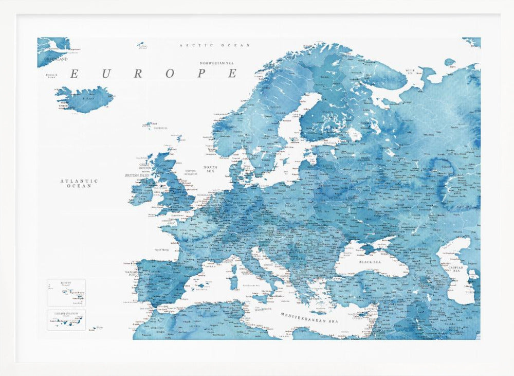 A framed map of Europe with a blue watercolor texture. The land is depicted in various shades of blue, while the oceans are white. Countries, cities, and bodies of water are labeled in black text. The map is housed in a simple, light gray frame. Poster