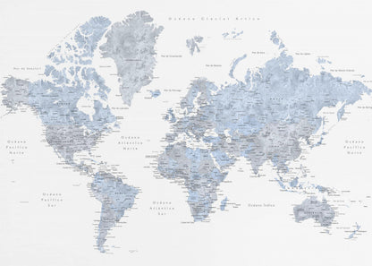 A framed world map presented in a modern, watercolor style. The continents are rendered in shades of dusty blue and cool gray against a crisp white background. All text, including countries and oceans, is in Spanish. The entire piece is enclosed in a simple, light gray frame. Poster