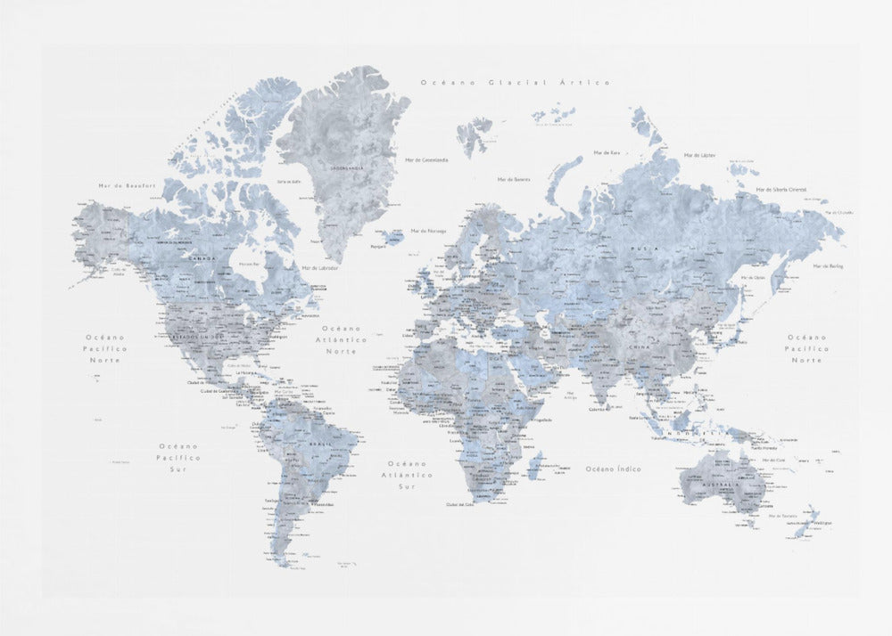 A framed world map presented in a modern, watercolor style. The continents are rendered in shades of dusty blue and cool gray against a crisp white background. All text, including countries and oceans, is in Spanish. The entire piece is enclosed in a simple, light gray frame. Poster