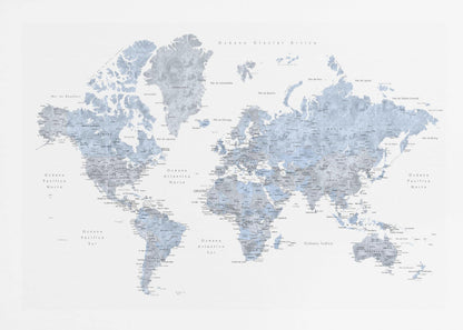 A framed world map presented in a modern, watercolor style. The continents are rendered in shades of dusty blue and cool gray against a crisp white background. All text, including countries and oceans, is in Spanish. The entire piece is enclosed in a simple, light gray frame. Poster