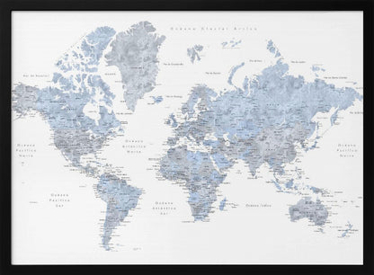 A framed world map presented in a modern, watercolor style. The continents are rendered in shades of dusty blue and cool gray against a crisp white background. All text, including countries and oceans, is in Spanish. The entire piece is enclosed in a simple, light gray frame. Poster