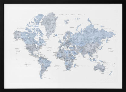 A framed world map presented in a modern, watercolor style. The continents are rendered in shades of dusty blue and cool gray against a crisp white background. All text, including countries and oceans, is in Spanish. The entire piece is enclosed in a simple, light gray frame. Poster