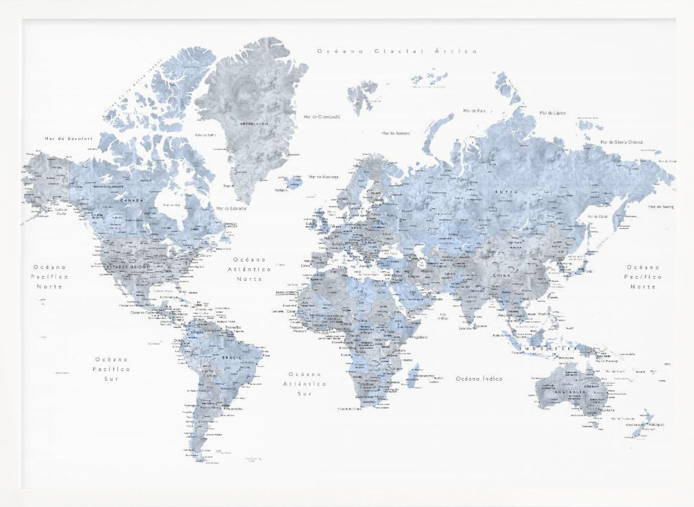 A framed world map presented in a modern, watercolor style. The continents are rendered in shades of dusty blue and cool gray against a crisp white background. All text, including countries and oceans, is in Spanish. The entire piece is enclosed in a simple, light gray frame. Poster