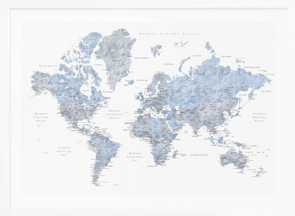A framed world map presented in a modern, watercolor style. The continents are rendered in shades of dusty blue and cool gray against a crisp white background. All text, including countries and oceans, is in Spanish. The entire piece is enclosed in a simple, light gray frame. Poster
