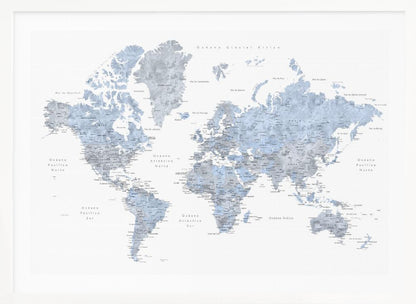 A framed world map presented in a modern, watercolor style. The continents are rendered in shades of dusty blue and cool gray against a crisp white background. All text, including countries and oceans, is in Spanish. The entire piece is enclosed in a simple, light gray frame. Poster