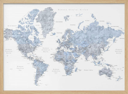 A framed world map presented in a modern, watercolor style. The continents are rendered in shades of dusty blue and cool gray against a crisp white background. All text, including countries and oceans, is in Spanish. The entire piece is enclosed in a simple, light gray frame. Poster