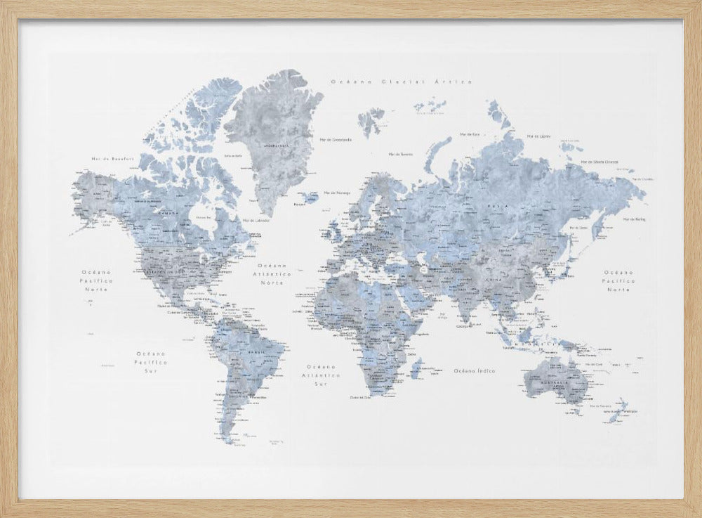 A framed world map presented in a modern, watercolor style. The continents are rendered in shades of dusty blue and cool gray against a crisp white background. All text, including countries and oceans, is in Spanish. The entire piece is enclosed in a simple, light gray frame. Poster