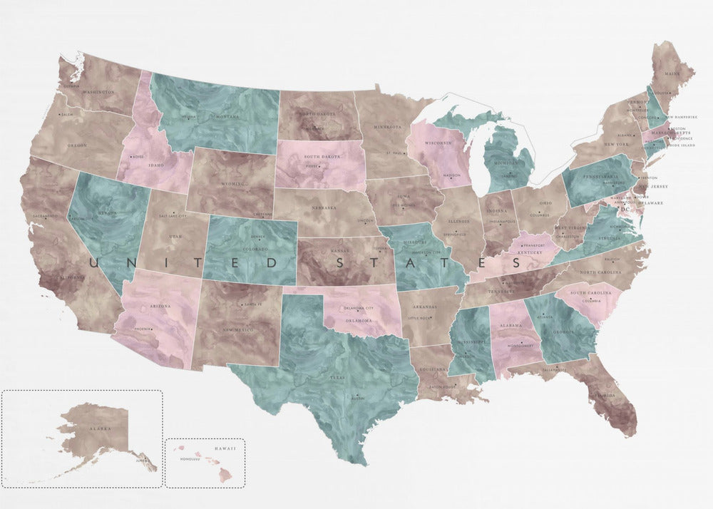 A stylized map of the United States in a silver frame. The states are colored with a marbled texture in alternating shades of muted brown, dusty pink, and teal. Each state is labeled, and the words 'UNITED STATES' are spaced across the country. Insets for Alaska and Hawaii are in the bottom left corner. Artwork