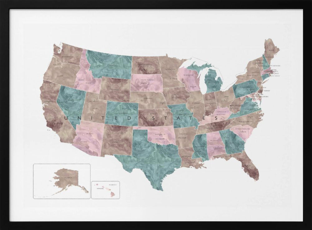 A stylized map of the United States in a silver frame. The states are colored with a marbled texture in alternating shades of muted brown, dusty pink, and teal. Each state is labeled, and the words 'UNITED STATES' are spaced across the country. Insets for Alaska and Hawaii are in the bottom left corner. Artwork