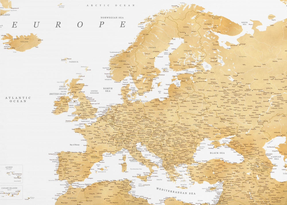 A framed map of Europe featuring golden landmasses on a crisp white background. The map includes country names, major cities, and bodies of water, all presented in a clean, modern font. The artwork is enclosed in a simple, light gray frame. Print