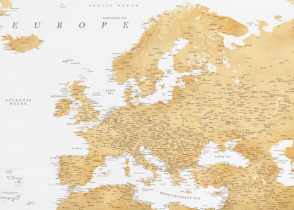 A framed map of Europe featuring golden landmasses on a crisp white background. The map includes country names, major cities, and bodies of water, all presented in a clean, modern font. The artwork is enclosed in a simple, light gray frame. Print