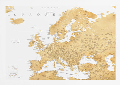 A framed map of Europe featuring golden landmasses on a crisp white background. The map includes country names, major cities, and bodies of water, all presented in a clean, modern font. The artwork is enclosed in a simple, light gray frame. Print
