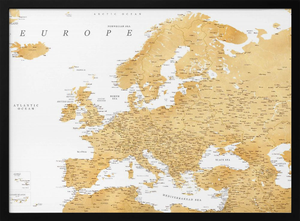A framed map of Europe featuring golden landmasses on a crisp white background. The map includes country names, major cities, and bodies of water, all presented in a clean, modern font. The artwork is enclosed in a simple, light gray frame. Print