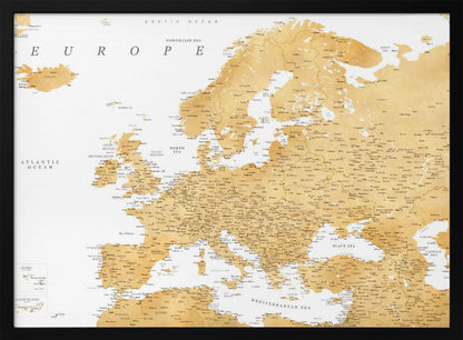 A framed map of Europe featuring golden landmasses on a crisp white background. The map includes country names, major cities, and bodies of water, all presented in a clean, modern font. The artwork is enclosed in a simple, light gray frame. Print