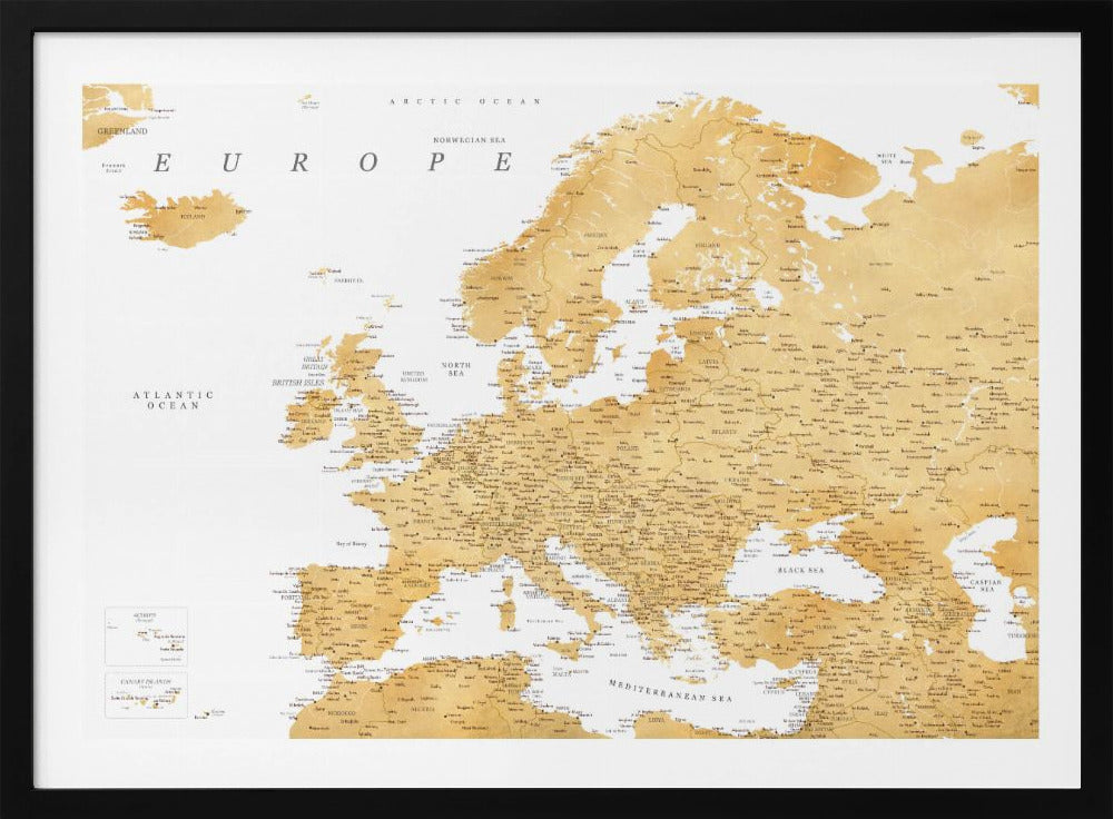 A framed map of Europe featuring golden landmasses on a crisp white background. The map includes country names, major cities, and bodies of water, all presented in a clean, modern font. The artwork is enclosed in a simple, light gray frame. Print