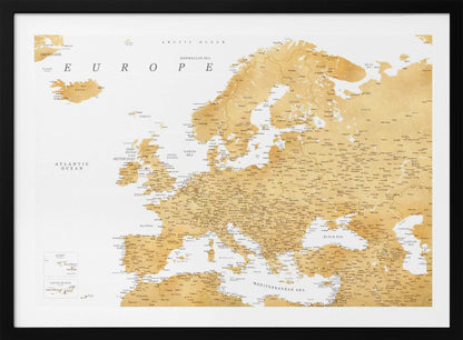 A framed map of Europe featuring golden landmasses on a crisp white background. The map includes country names, major cities, and bodies of water, all presented in a clean, modern font. The artwork is enclosed in a simple, light gray frame. Print